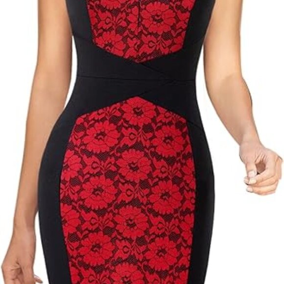 Lace Business Woman Dress Red Black Office Formal Cross Bodycon Stretch XL 14 16 - Picture 10 of 12